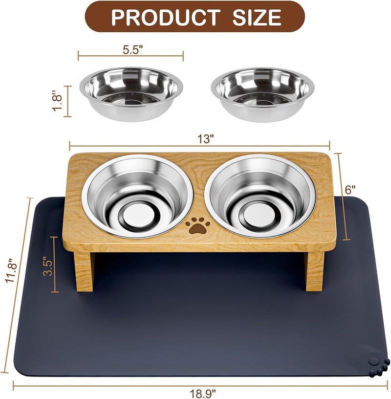 INNVVIS Elevated Cat Bowls with Silicone Mat, 15° Tilted Solid Wood Stand, Raised Stainless Steel Food & Water Dishes for Cats and Small Dogs, Anti-Vomiting Design(Natural) - Image 4